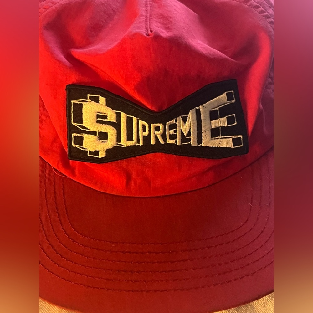 SUPREME Skew Nylon 5 Panel Red Hat Snap Back